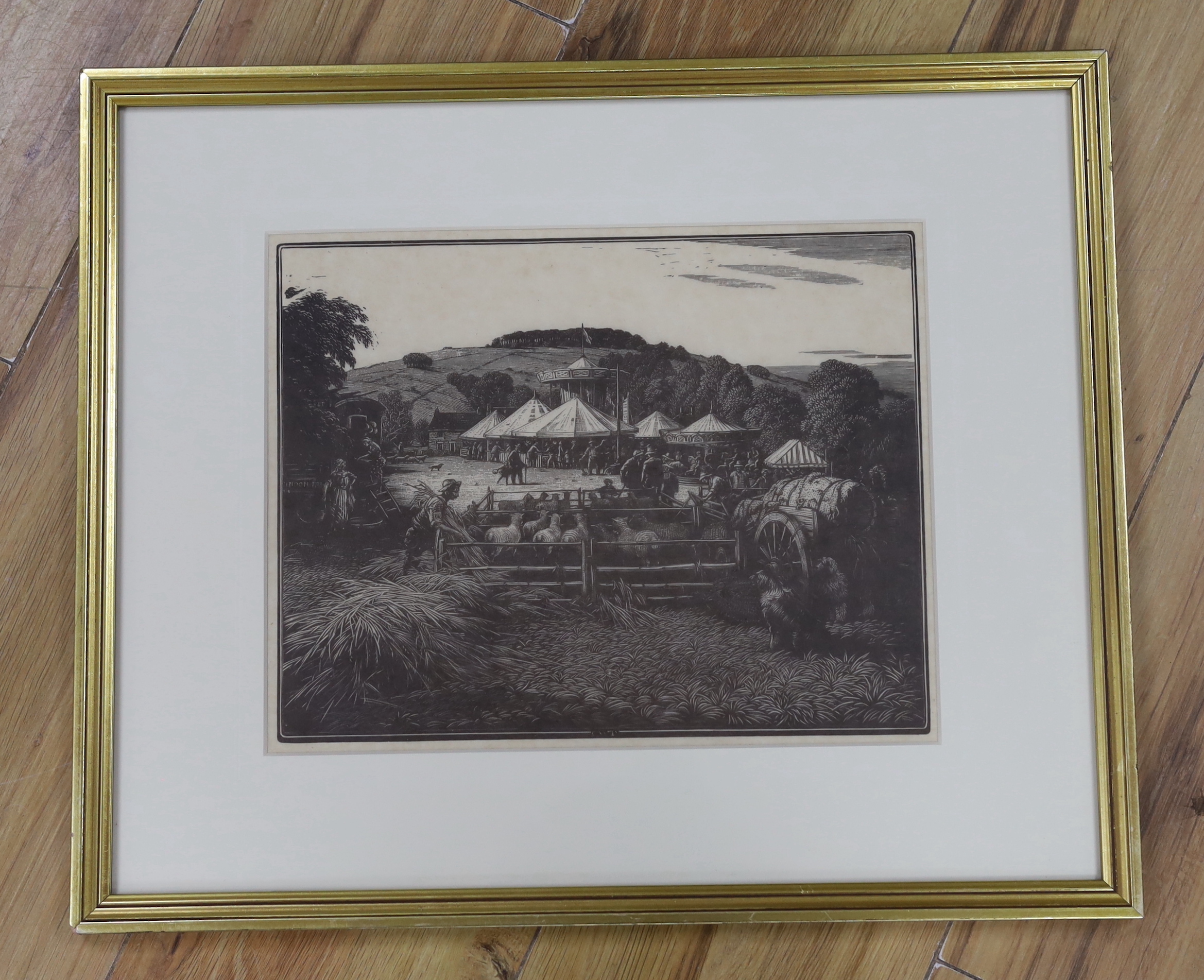 Charles William Taylor (1878-1960), wood engraving, 'Findon Sheep Fair, Sussex', signed in the block, 22 x 28cm